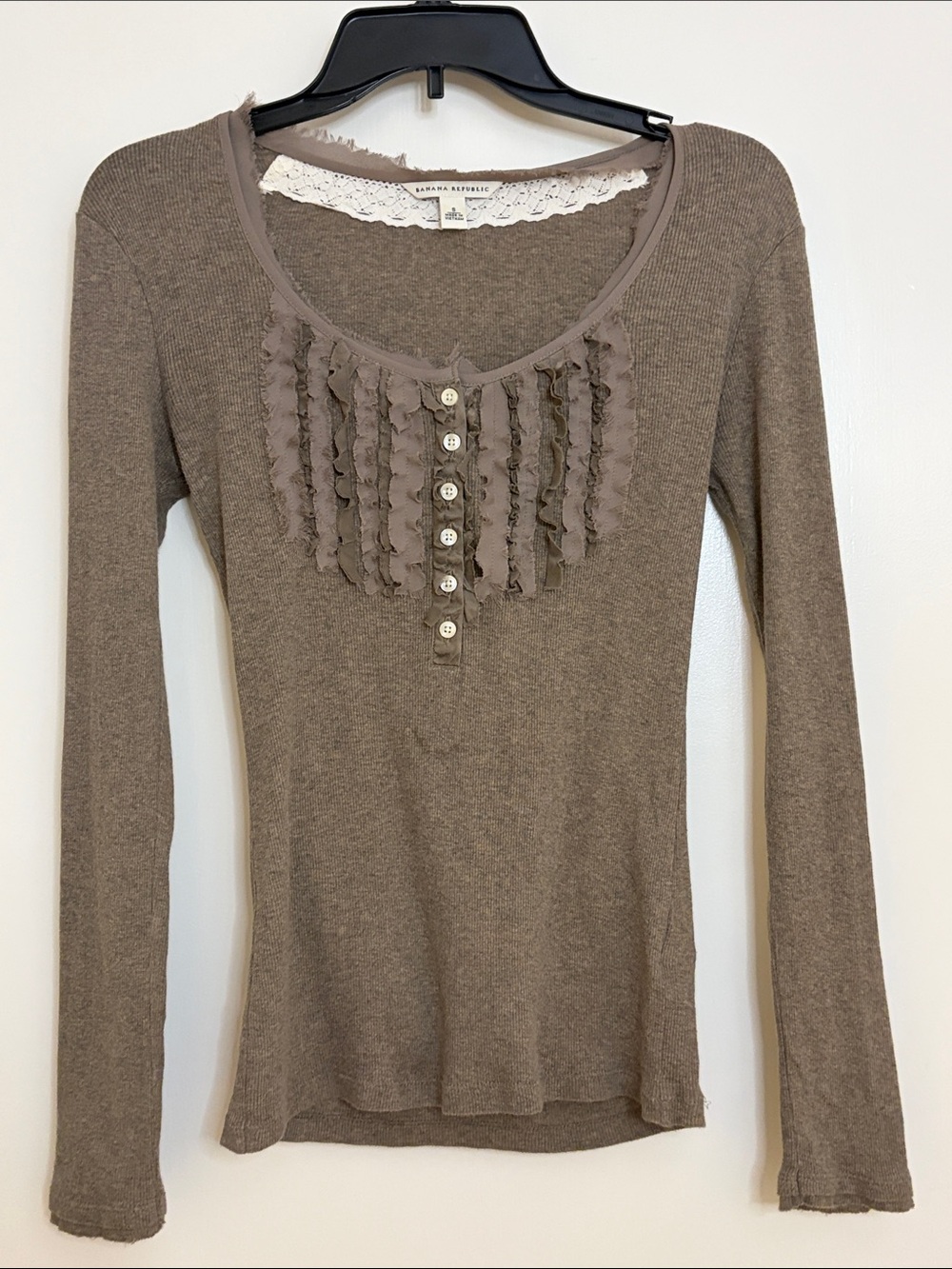 Banana Republic Taupe Ruffle-Front Long Sleeve Scoop Neck Top